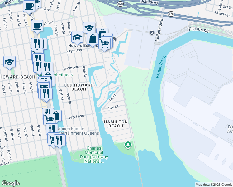 map of restaurants, bars, coffee shops, grocery stores, and more near 102-07 Russell Street in Queens