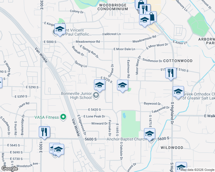 map of restaurants, bars, coffee shops, grocery stores, and more near 5273 Gurene Drive in Holladay