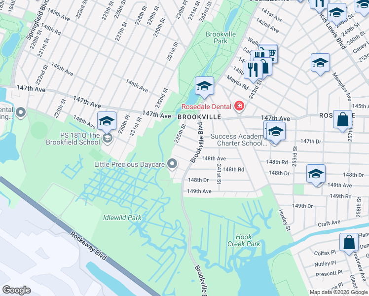 map of restaurants, bars, coffee shops, grocery stores, and more near 235-24 147th Drive in Queens