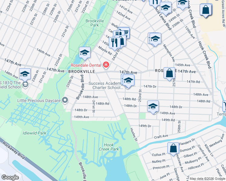 map of restaurants, bars, coffee shops, grocery stores, and more near 147-76 Huxley Street in Queens