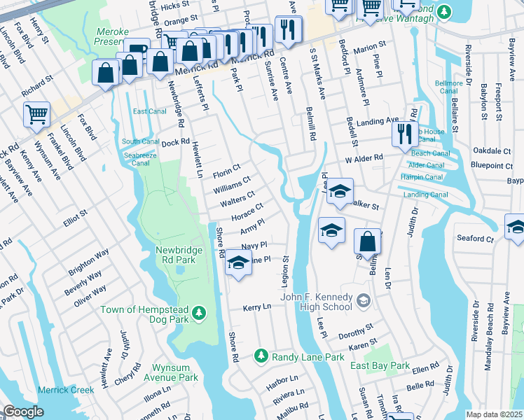 map of restaurants, bars, coffee shops, grocery stores, and more near 2545 Horace Court in Bellmore