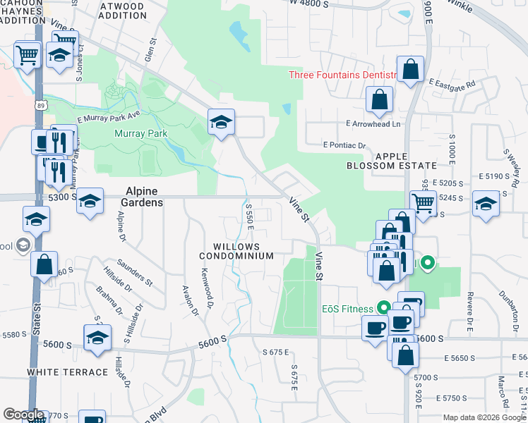 map of restaurants, bars, coffee shops, grocery stores, and more near 5321 South 580 East in Murray