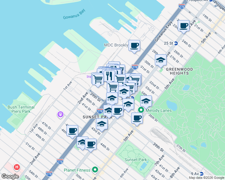 map of restaurants, bars, coffee shops, grocery stores, and more near in Brooklyn