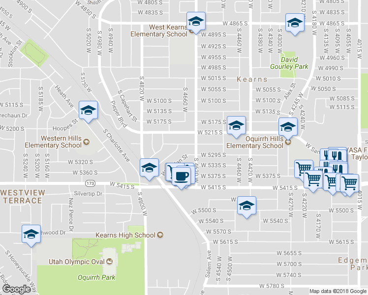 map of restaurants, bars, coffee shops, grocery stores, and more near 4673 West 5255 South in Kearns