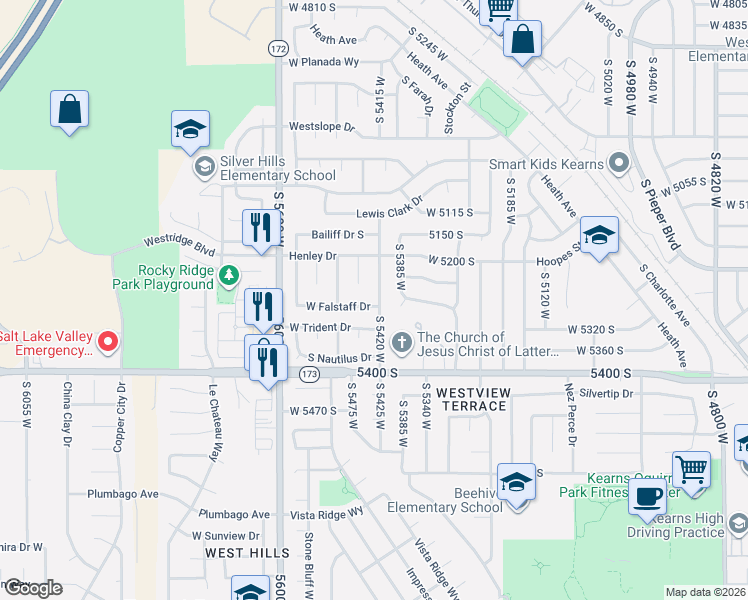 map of restaurants, bars, coffee shops, grocery stores, and more near 5280 South 5420 West in Kearns