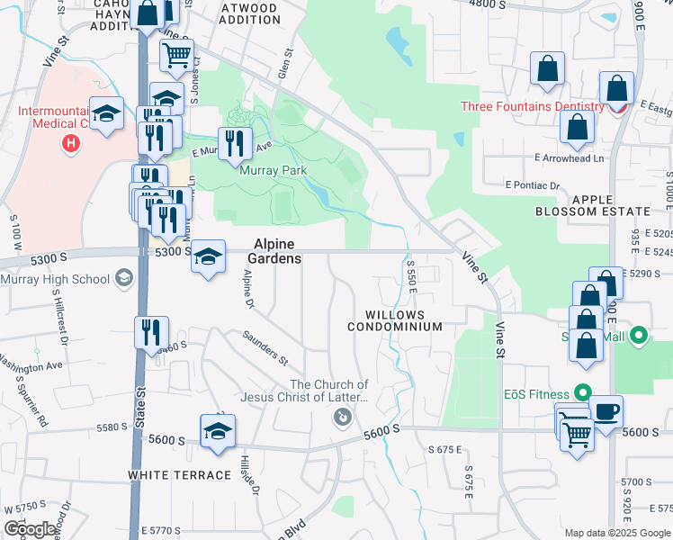 map of restaurants, bars, coffee shops, grocery stores, and more near 5325 Avalon Drive in Murray