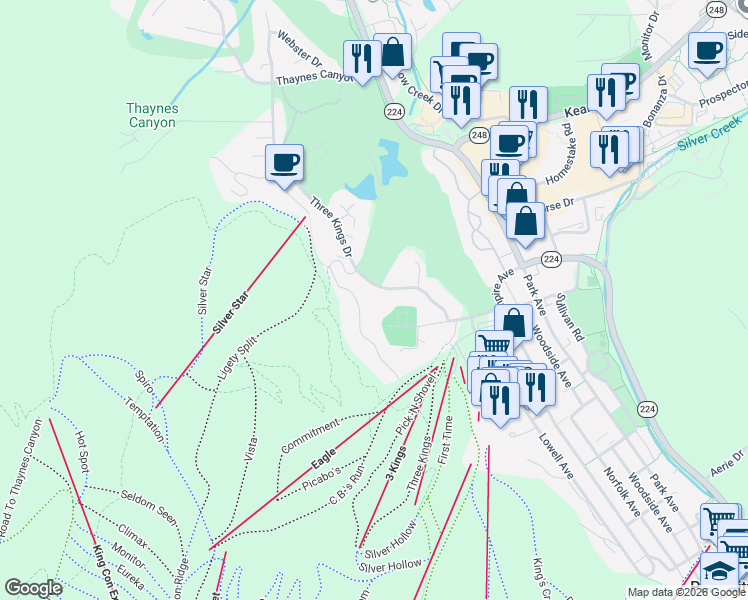 map of restaurants, bars, coffee shops, grocery stores, and more near 1583 Three Kings Drive in Park City