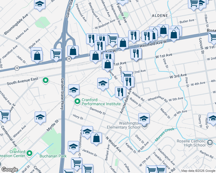 map of restaurants, bars, coffee shops, grocery stores, and more near 628 Jackson Avenue in Roselle
