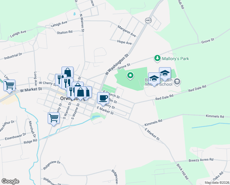 map of restaurants, bars, coffee shops, grocery stores, and more near 275 North Perry Street in Orwigsburg