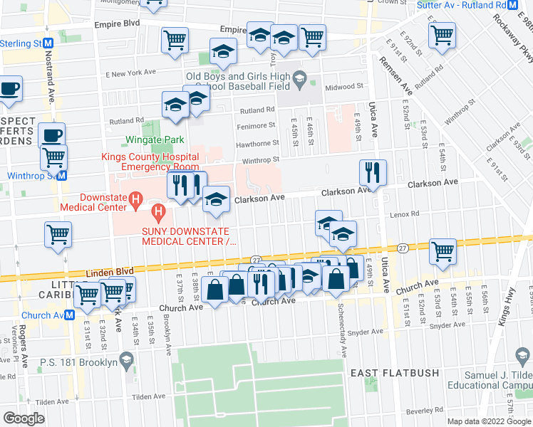 map of restaurants, bars, coffee shops, grocery stores, and more near 654 Clarkson Avenue in Brooklyn