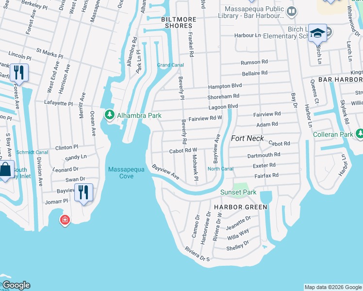 map of restaurants, bars, coffee shops, grocery stores, and more near 27 Brewster Road West in Massapequa