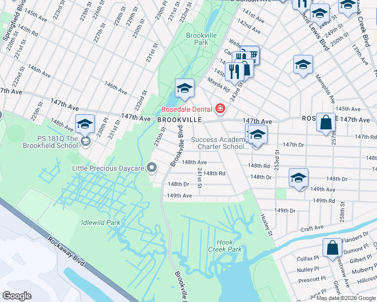 map of restaurants, bars, coffee shops, grocery stores, and more near 239-06 147th Road in Queens