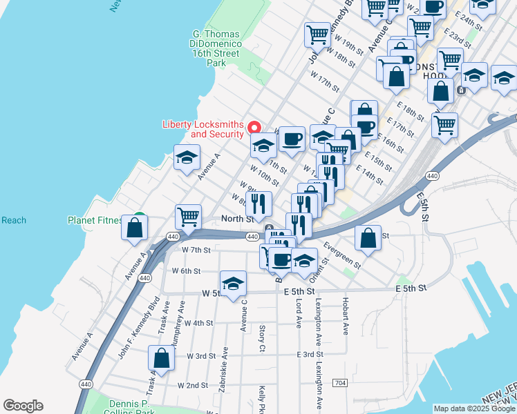 map of restaurants, bars, coffee shops, grocery stores, and more near 84 West 9th Street in Bayonne