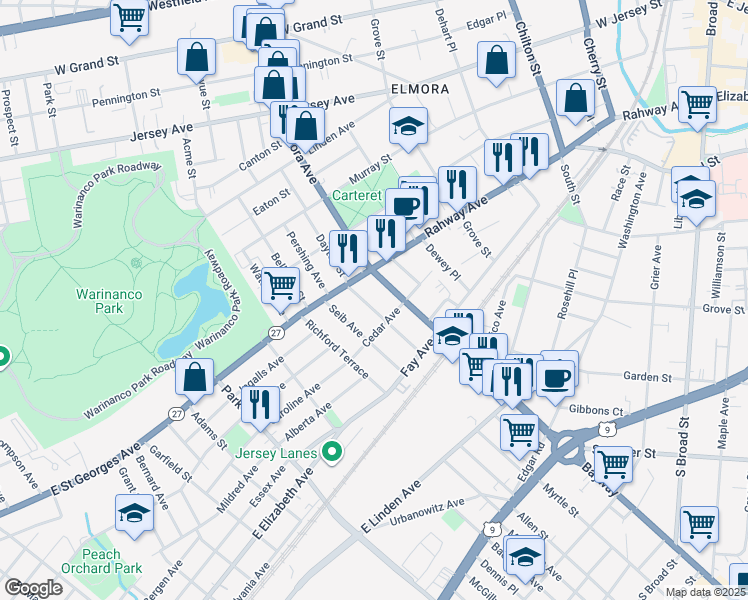map of restaurants, bars, coffee shops, grocery stores, and more near in Elizabeth