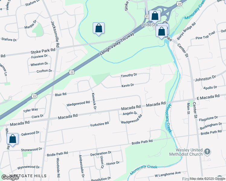 map of restaurants, bars, coffee shops, grocery stores, and more near 533 Kevin Drive in Bethlehem