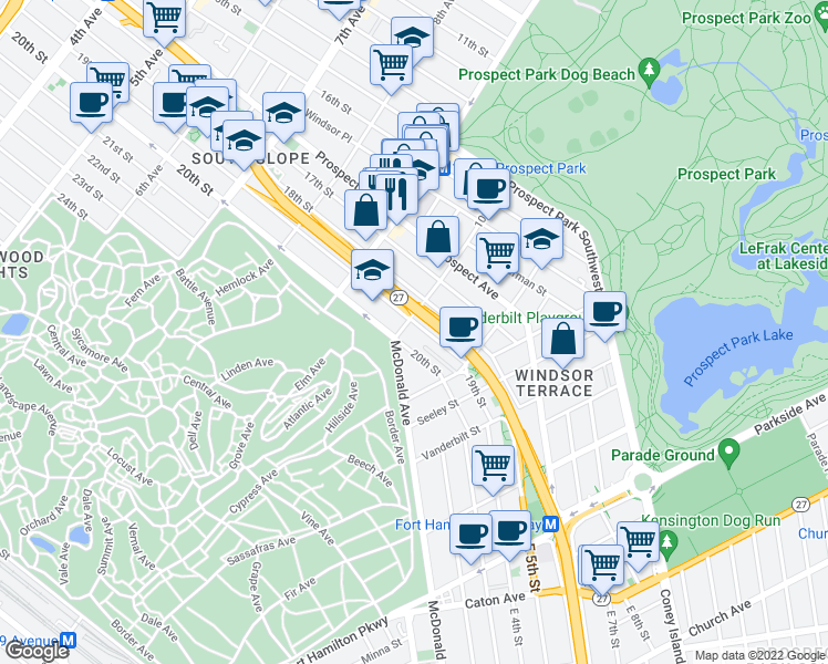 map of restaurants, bars, coffee shops, grocery stores, and more near 500 19th Street in Brooklyn