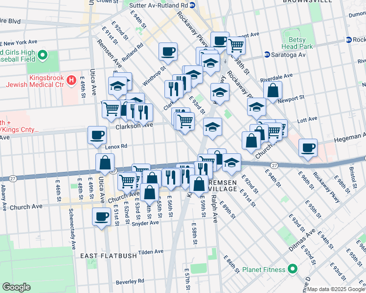 map of restaurants, bars, coffee shops, grocery stores, and more near 405 Remsen Avenue in Brooklyn