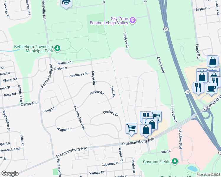 map of restaurants, bars, coffee shops, grocery stores, and more near 4950 Long Drive in Bethlehem