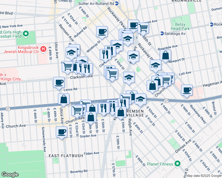 map of restaurants, bars, coffee shops, grocery stores, and more near 405 Remsen Avenue in Brooklyn
