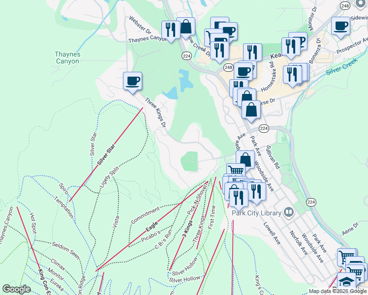 map of restaurants, bars, coffee shops, grocery stores, and more near 1561 Three Kings Drive in Park City