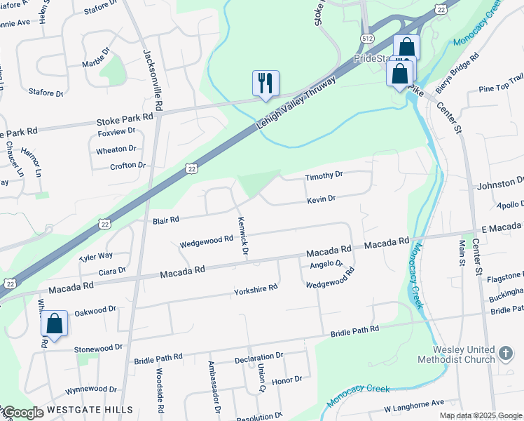 map of restaurants, bars, coffee shops, grocery stores, and more near 573 Kevin Drive in Bethlehem