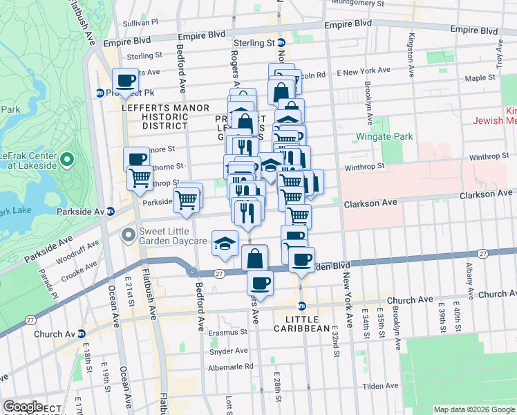 map of restaurants, bars, coffee shops, grocery stores, and more near 636 Rogers Avenue in Brooklyn