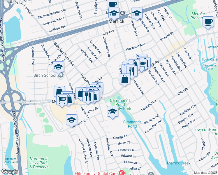 map of restaurants, bars, coffee shops, grocery stores, and more near 146 Lindenmere Drive in Merrick