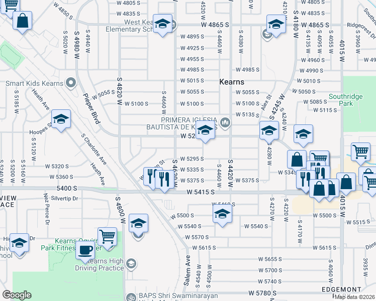 map of restaurants, bars, coffee shops, grocery stores, and more near 4575 West 5255 South in Salt Lake City