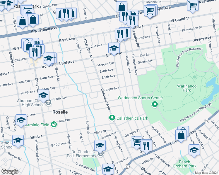 map of restaurants, bars, coffee shops, grocery stores, and more near 448 Stockton Avenue in Roselle