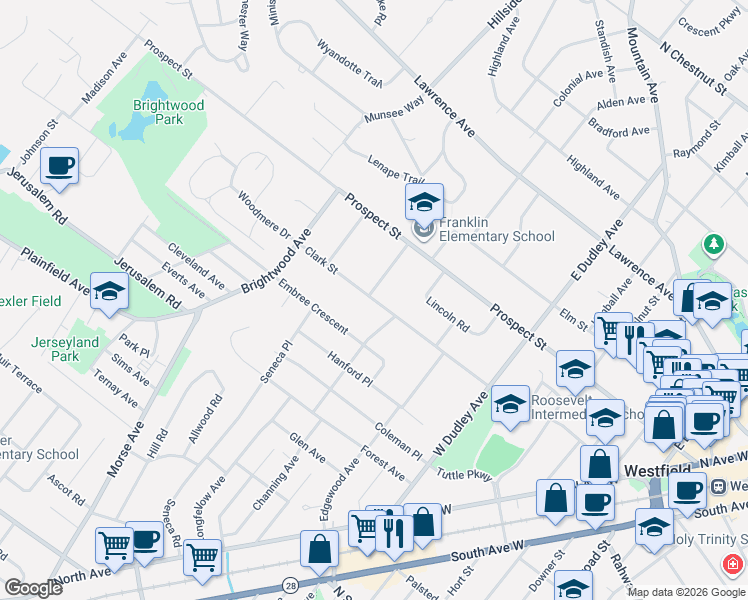 map of restaurants, bars, coffee shops, grocery stores, and more near 150 Stanmore Place in Westfield