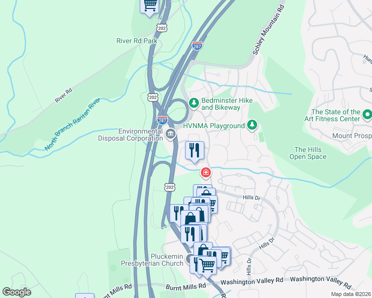 map of restaurants, bars, coffee shops, grocery stores, and more near 11 Wescott Road in Bedminster