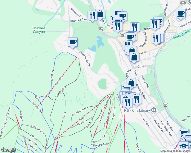 map of restaurants, bars, coffee shops, grocery stores, and more near 1583 Three Kings Drive in Park City
