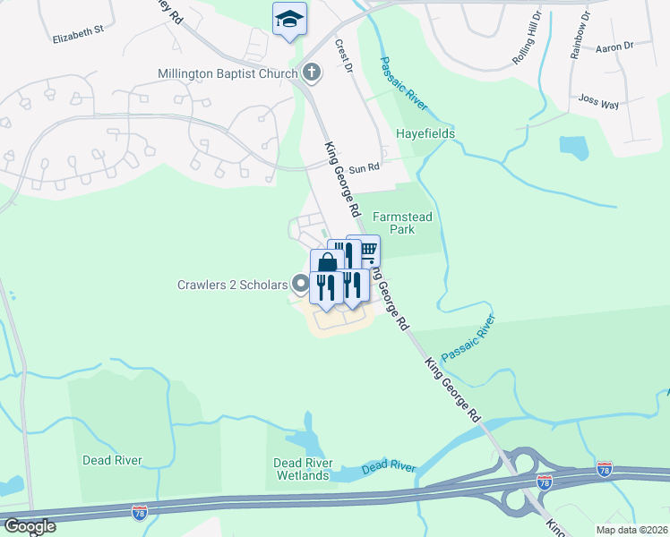 map of restaurants, bars, coffee shops, grocery stores, and more near 25 Monarch Circle in Bernards