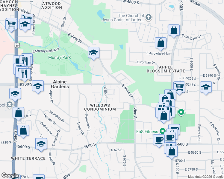map of restaurants, bars, coffee shops, grocery stores, and more near 582 5300 South in Murray
