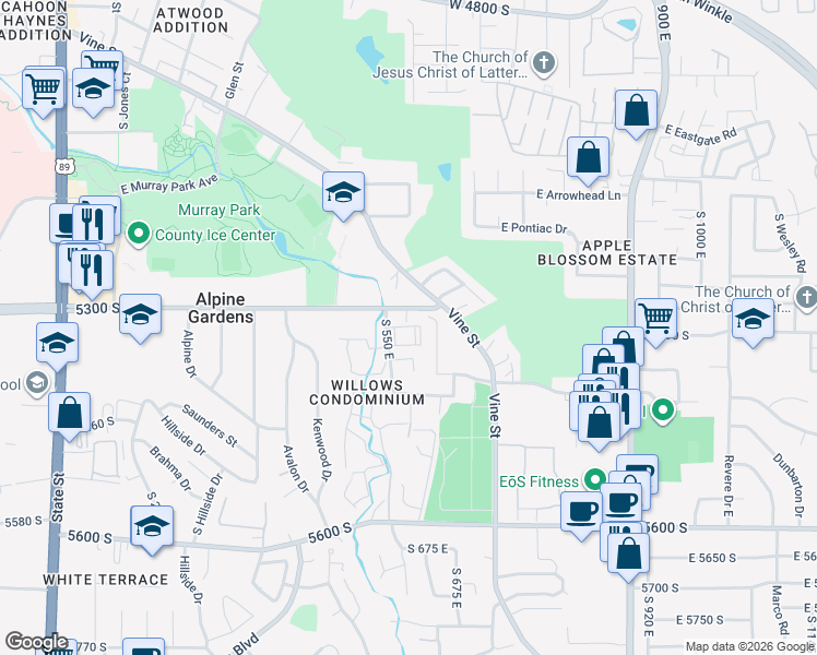 map of restaurants, bars, coffee shops, grocery stores, and more near 582 5300 South in Murray