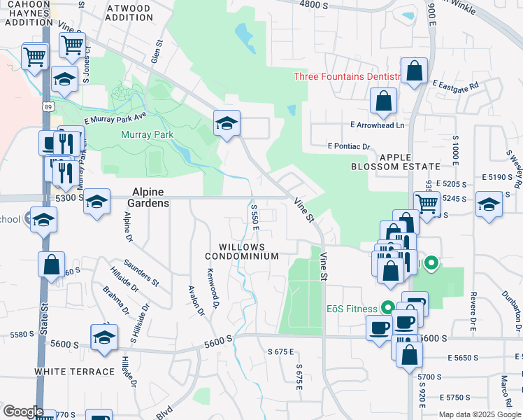 map of restaurants, bars, coffee shops, grocery stores, and more near 582 5300 South in Murray