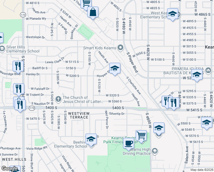 map of restaurants, bars, coffee shops, grocery stores, and more near 5242 South Hoopes Circle in Salt Lake City