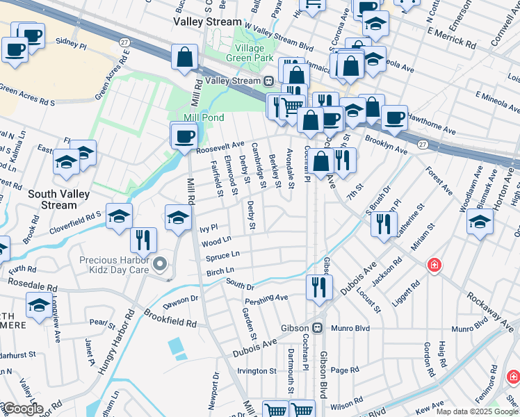 map of restaurants, bars, coffee shops, grocery stores, and more near 139 Derby Street in Valley Stream
