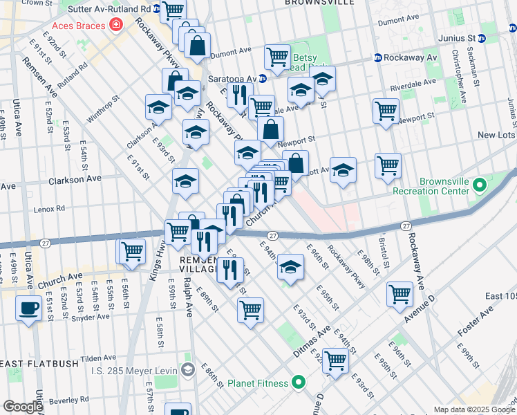 map of restaurants, bars, coffee shops, grocery stores, and more near 475 East 95th Street in Brooklyn