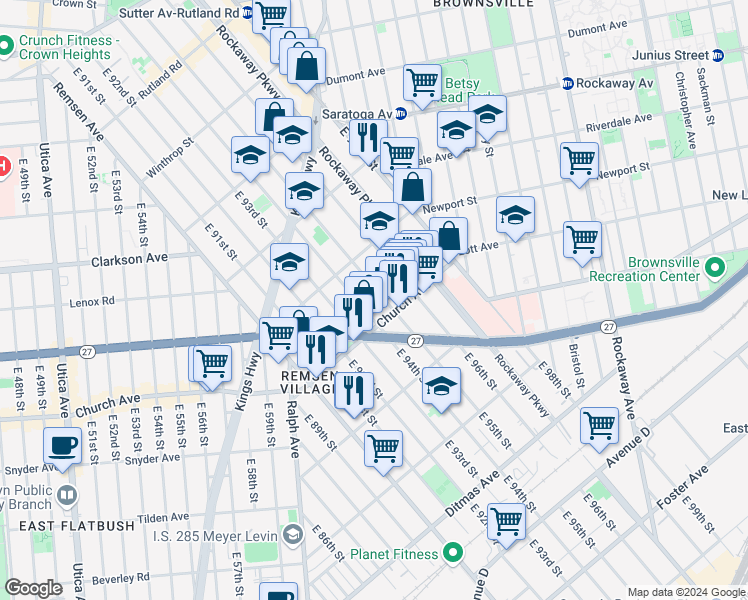 map of restaurants, bars, coffee shops, grocery stores, and more near 475 East 95th Street in Brooklyn