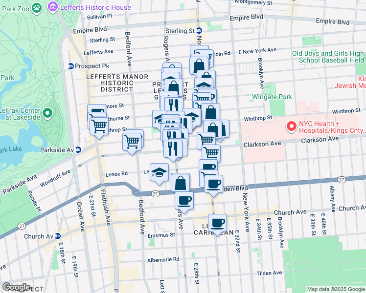 map of restaurants, bars, coffee shops, grocery stores, and more near 636 Rogers Avenue in Brooklyn