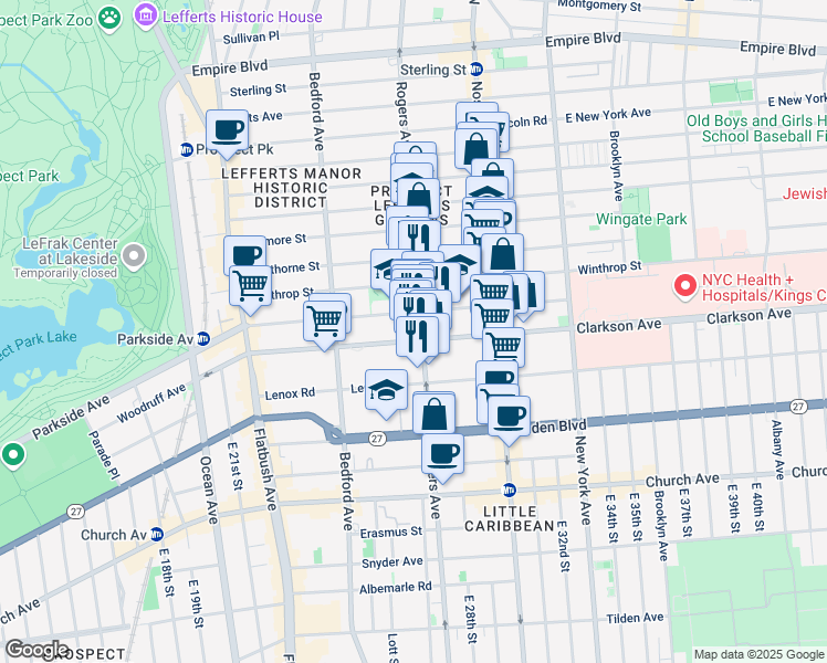 map of restaurants, bars, coffee shops, grocery stores, and more near 636 Rogers Avenue in Brooklyn