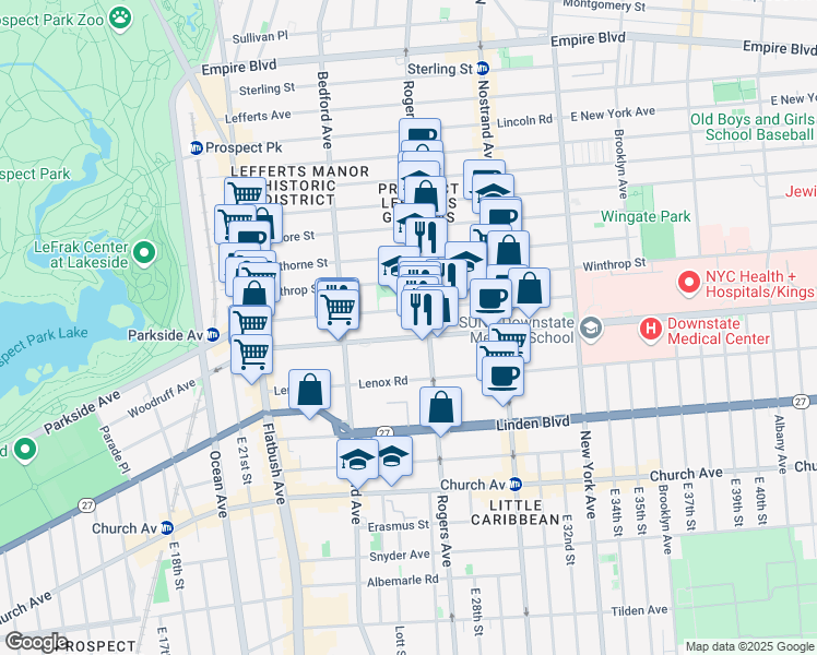 map of restaurants, bars, coffee shops, grocery stores, and more near 551 Parkside Avenue in Brooklyn