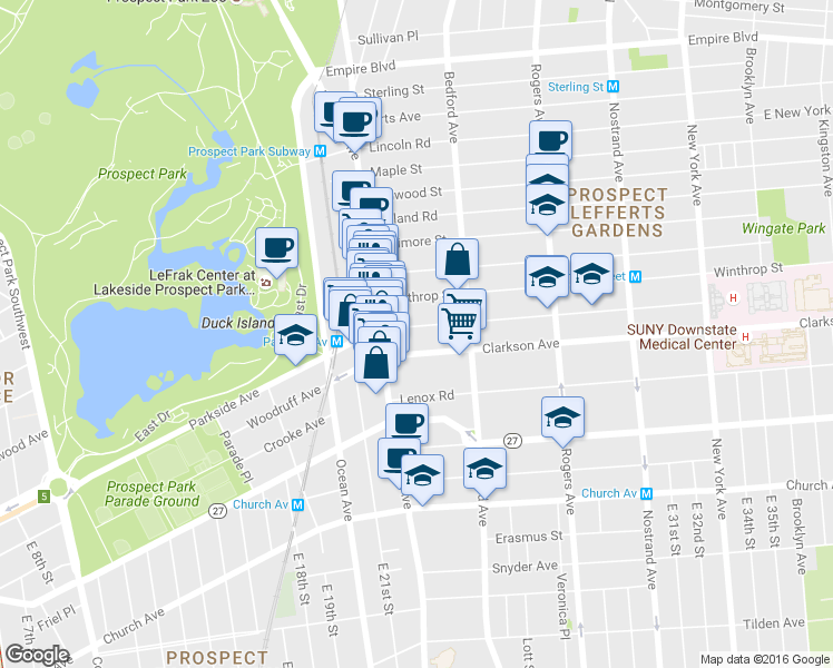 map of restaurants, bars, coffee shops, grocery stores, and more near 263 Parkside Avenue in Brooklyn