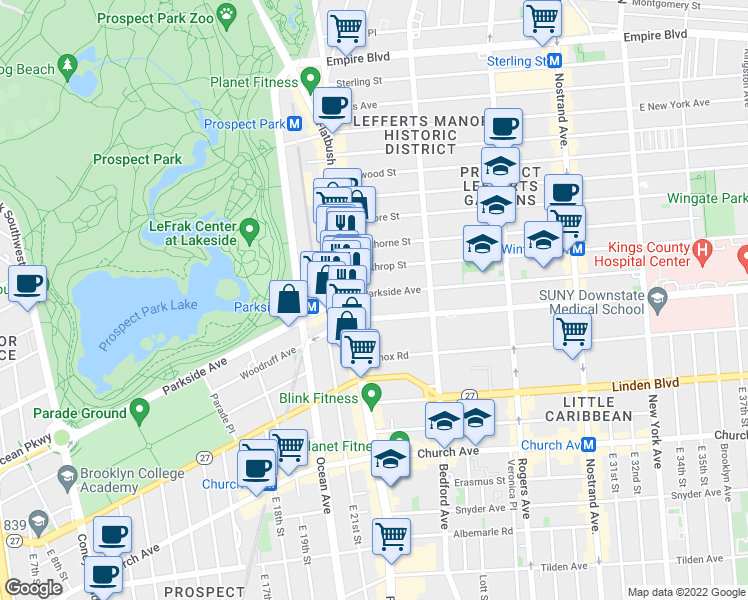 map of restaurants, bars, coffee shops, grocery stores, and more near 263 Parkside Avenue in Brooklyn