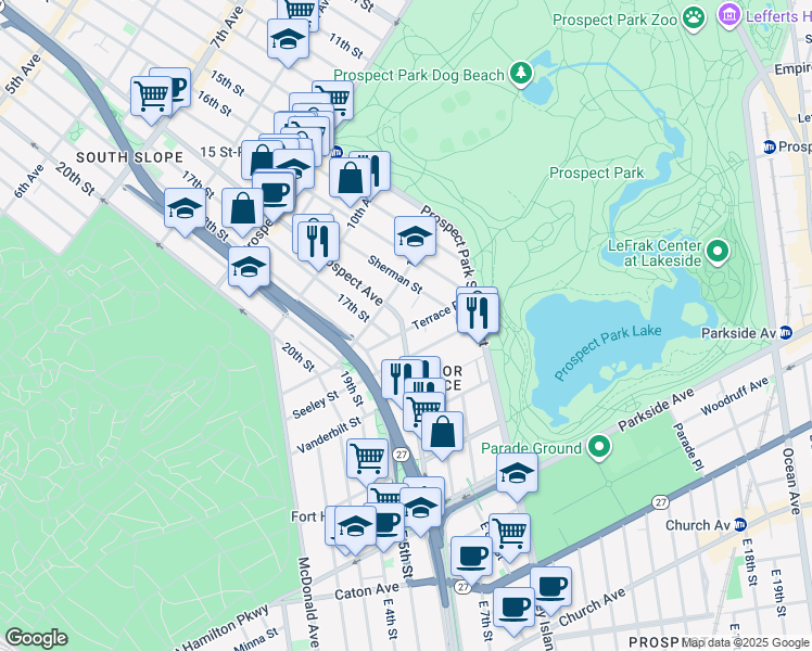 map of restaurants, bars, coffee shops, grocery stores, and more near 1107 Prospect Avenue in Brooklyn