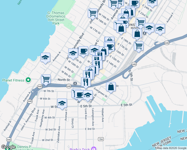 map of restaurants, bars, coffee shops, grocery stores, and more near 7 West 11th Street in Bayonne