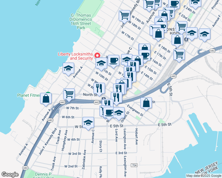 map of restaurants, bars, coffee shops, grocery stores, and more near 33 West 10th Street in Bayonne