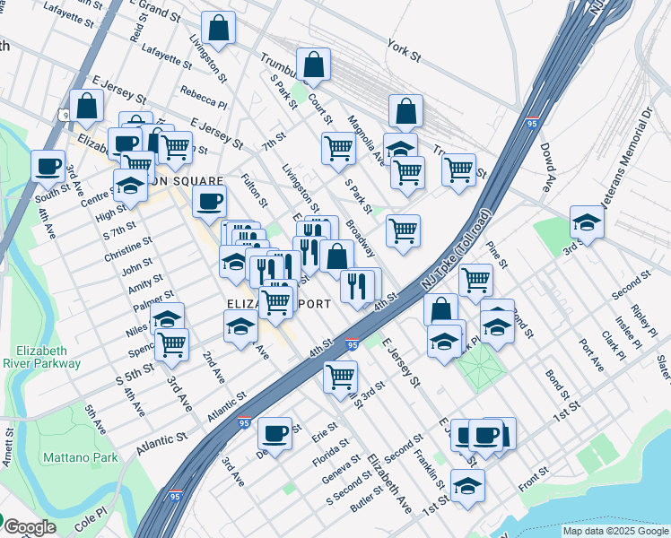 map of restaurants, bars, coffee shops, grocery stores, and more near in Elizabeth