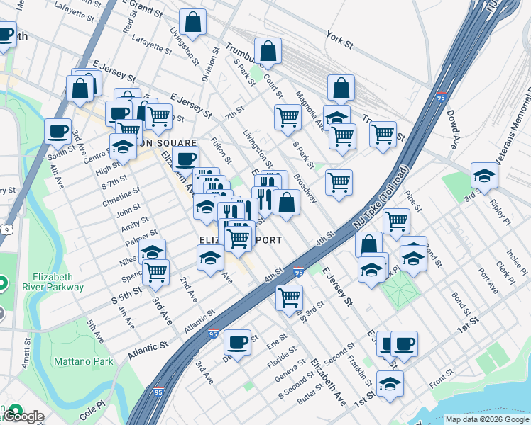 map of restaurants, bars, coffee shops, grocery stores, and more near 517 Fulton Street in Elizabeth